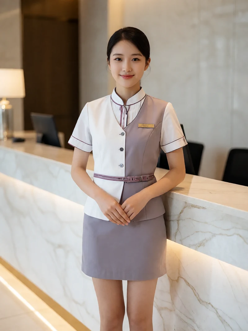 虚构成年亚洲女性穿不透明现代前台短裙站在柜台中央