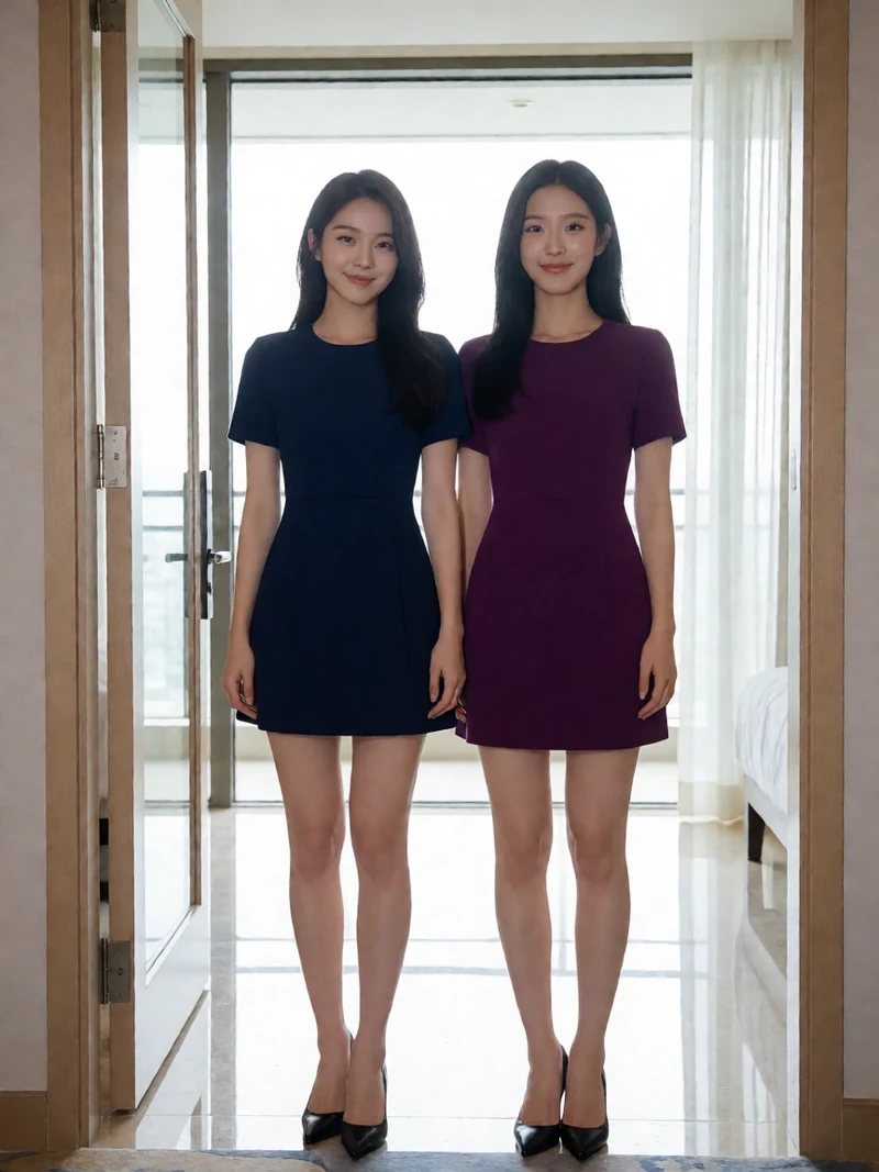 两名虚构成年亚洲女性穿不透明蓝紫短裙站在酒店套房中央